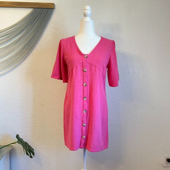 Good Luck Gem Linen Blend Pink Button Down Mini Dress Sz S European - Picture 1 of 15